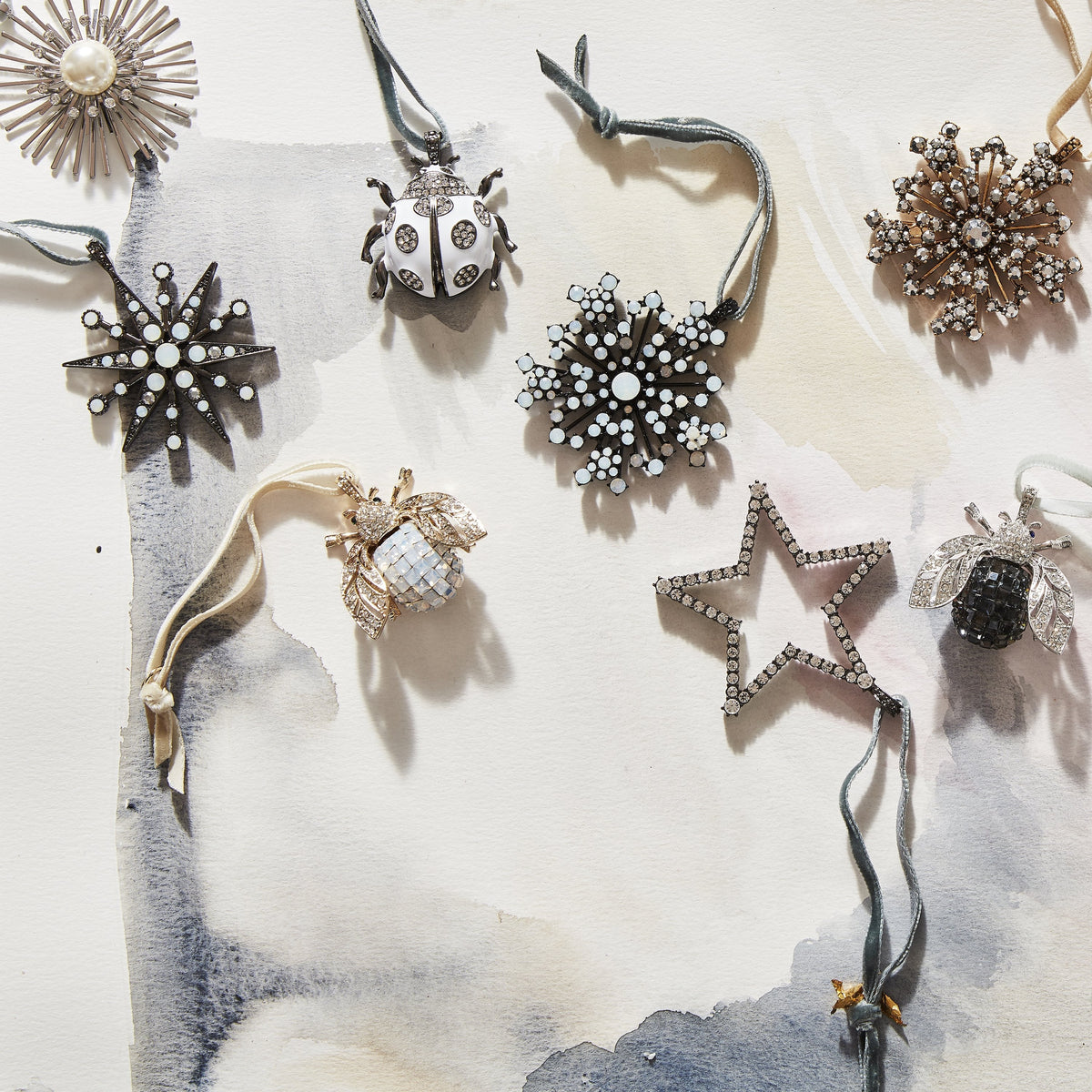 Deco Snowflake Hanging Ornament in Hematite and Opal