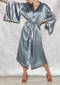 Velvet & Silk Robe in Steel Blue