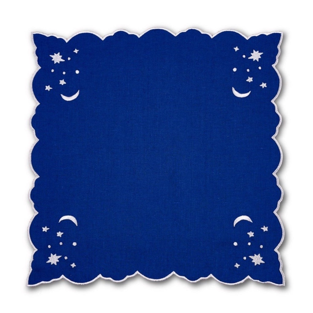 OTM Exclusive: The Astral Linen Napkin in Midnight Blue and Silver Embroidery
