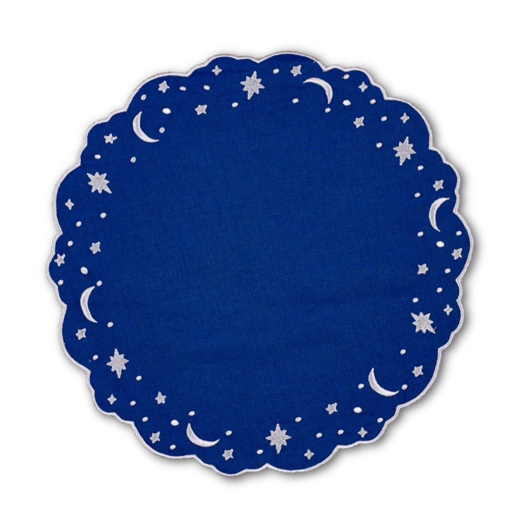 OTM Exclusive: Astral Linen Placemat in Midnight Blue and Silver Embroidery