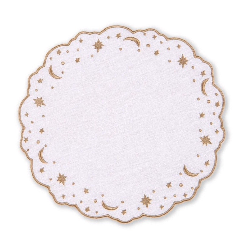 The Astral Linen Placemat in White Linen and Gold Embroidery