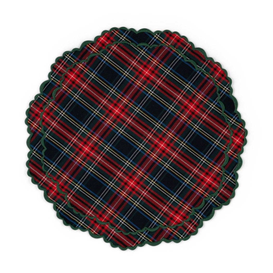 Top view of The Classic Tartan Placemat showcasing red, green, and black tartan plaid and scalloped edges on white background