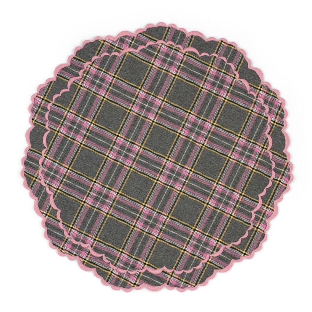 Top view of The Pink Tartan Placemat showcasing its pink tartan pattern and scalloped edge on a white background