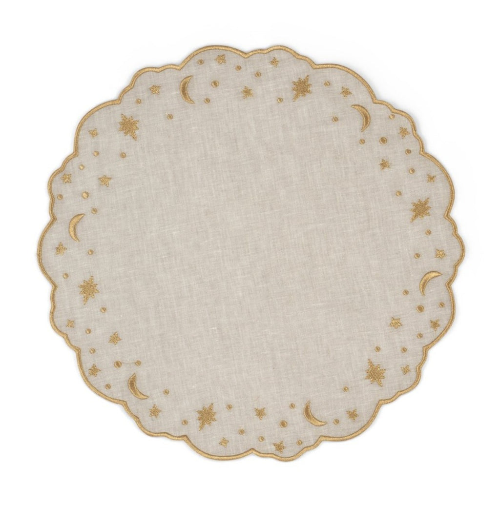 The Astral Linen Placemat in Natural Linen and Gold Embroidery