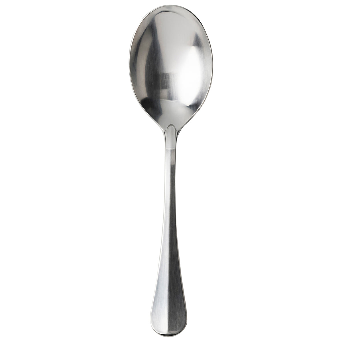 Front view of Bistro Bright Satin 2pc Hostess Set showing satin-finish stainless steel spoon with classic center pleat on white background