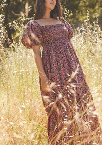 Aurora Puff Sleeve Maxi Dress in Faded Onyx Light Ruby Floral