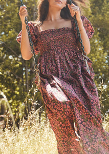 Aurora Puff Sleeve Maxi Dress in Faded Onyx Light Ruby Floral