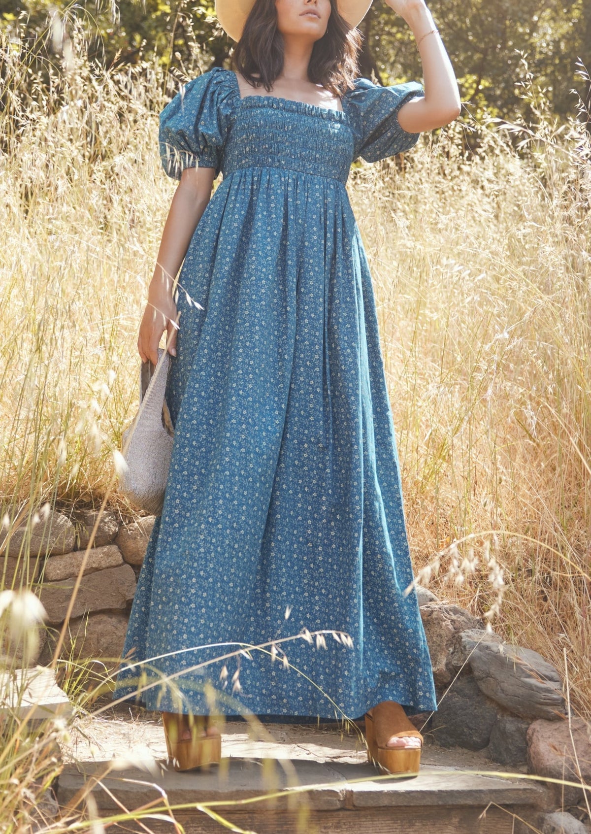 Aurora Puff Sleeve Maxi Dress in Queen Blue Mini Alabaster Floral