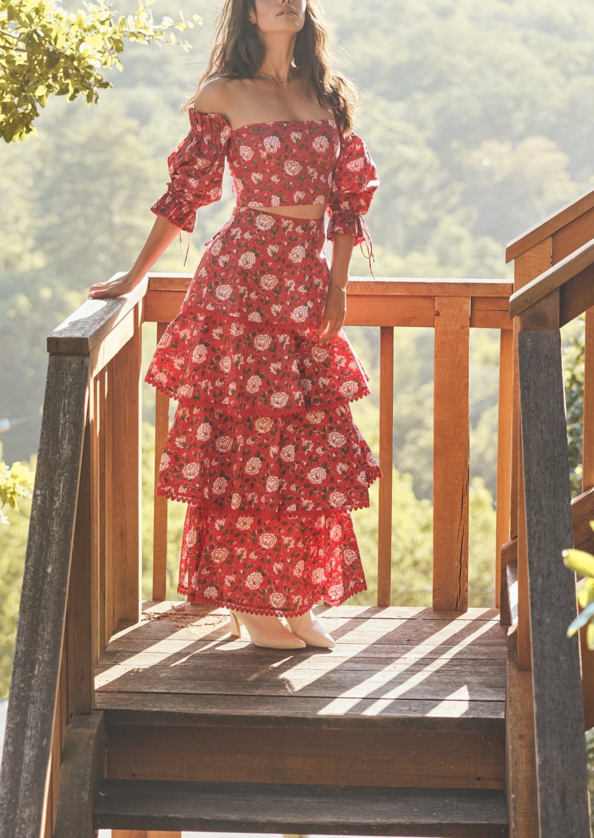 Brenda Tiered Skirt in Scarlet Ivory Rose Floral