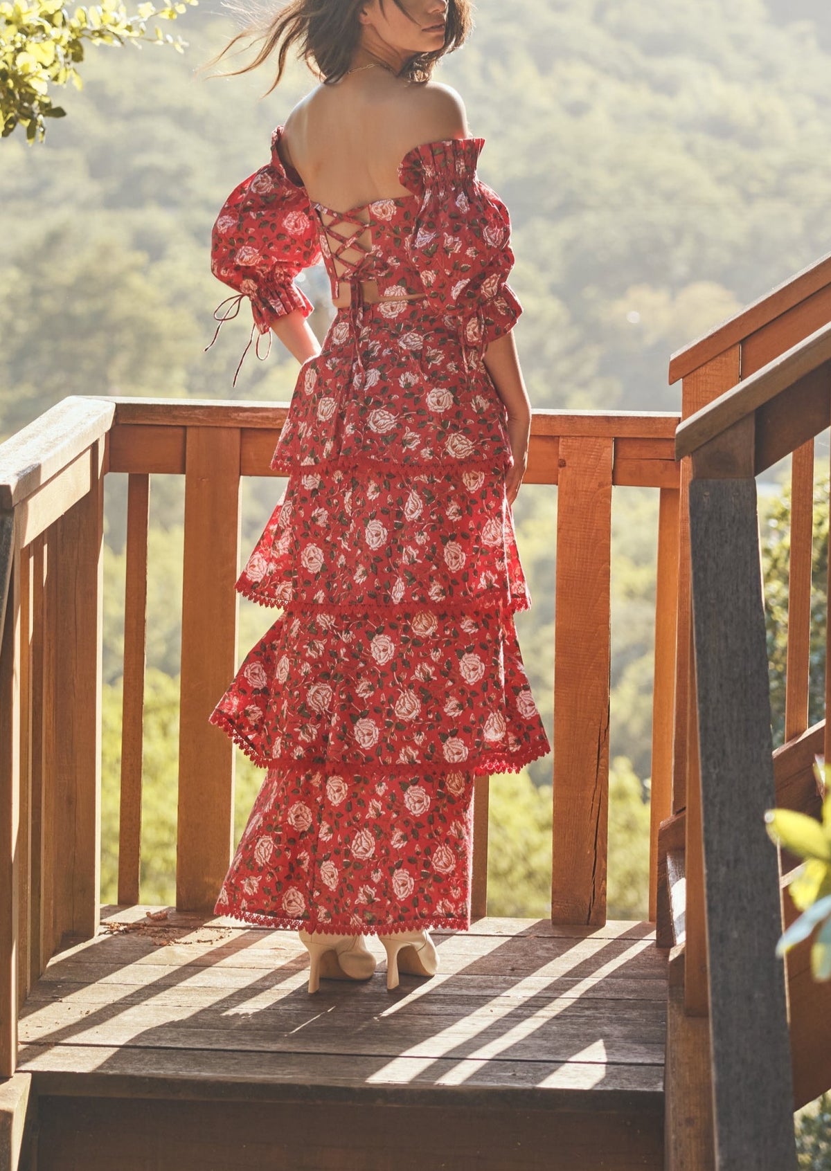 Brenda Tiered Skirt in Scarlet Ivory Rose Floral