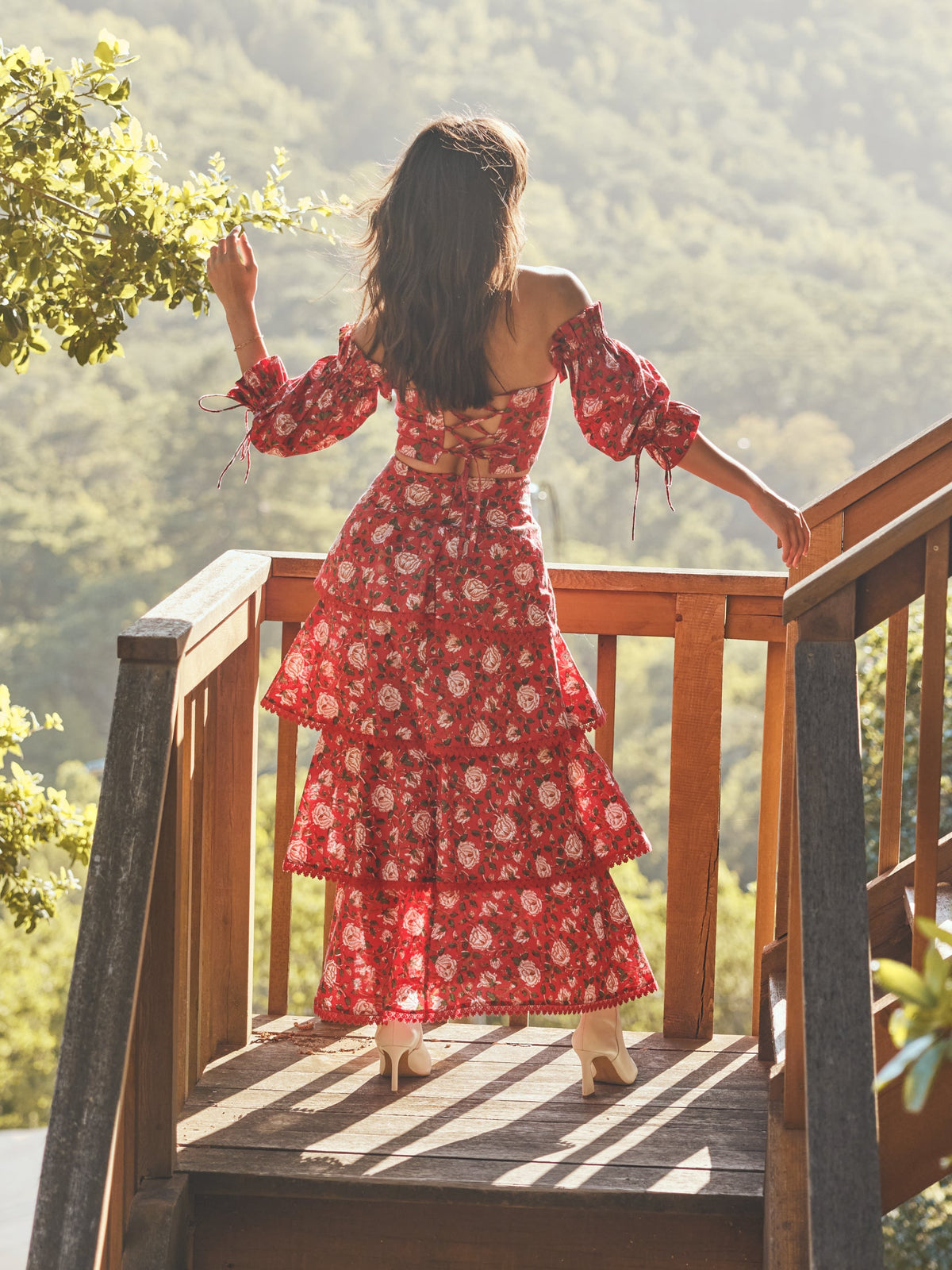 Brenda Tiered Skirt in Scarlet Ivory Rose Floral