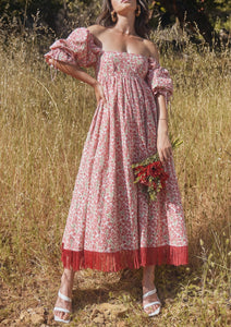 Jocelyn Embroidered Puff Sleeve Fringe Dress in Ivory and Light Ruby Floral