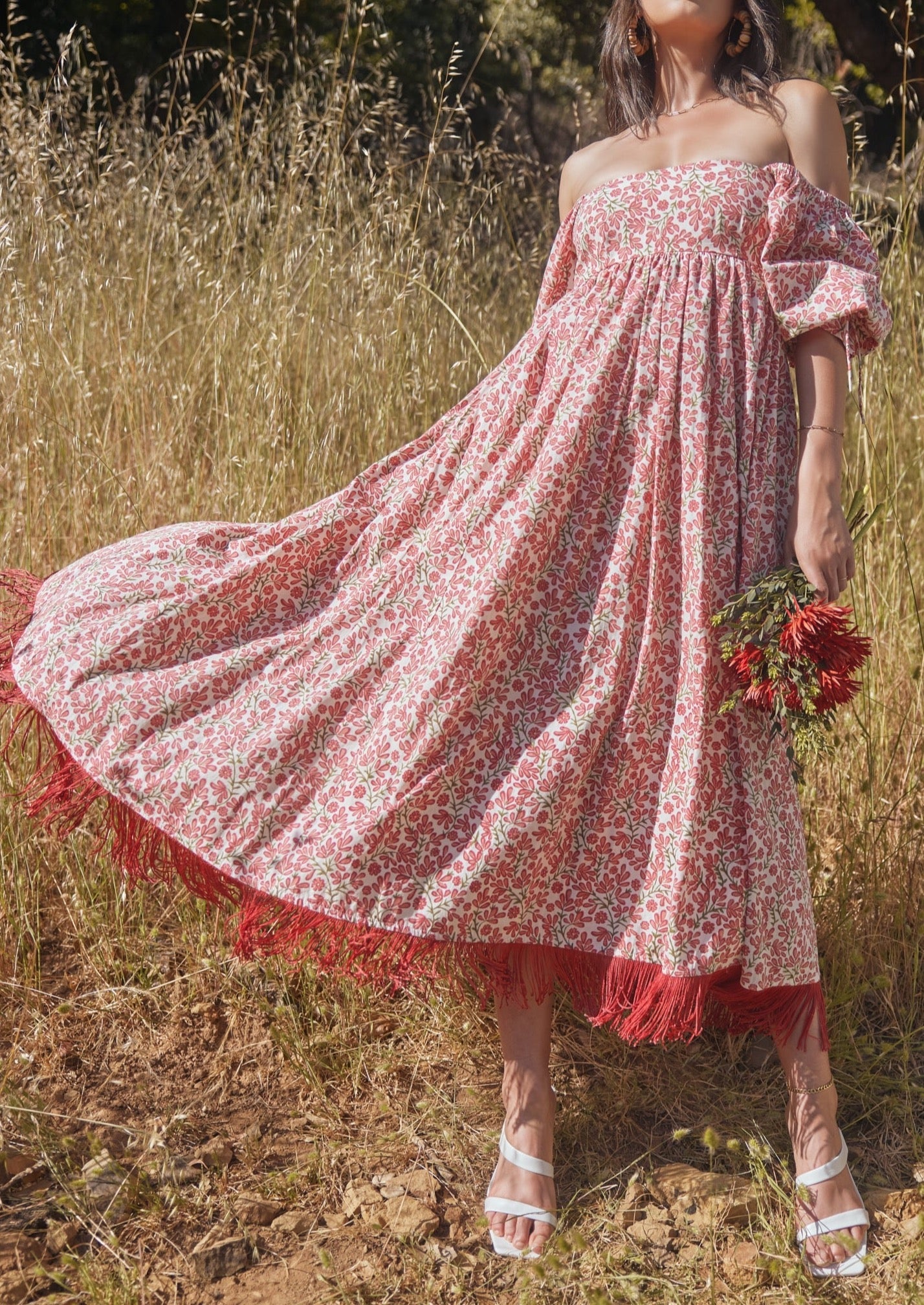 Jocelyn Embroidered Puff Sleeve Fringe Dress in Ivory and Light Ruby Floral