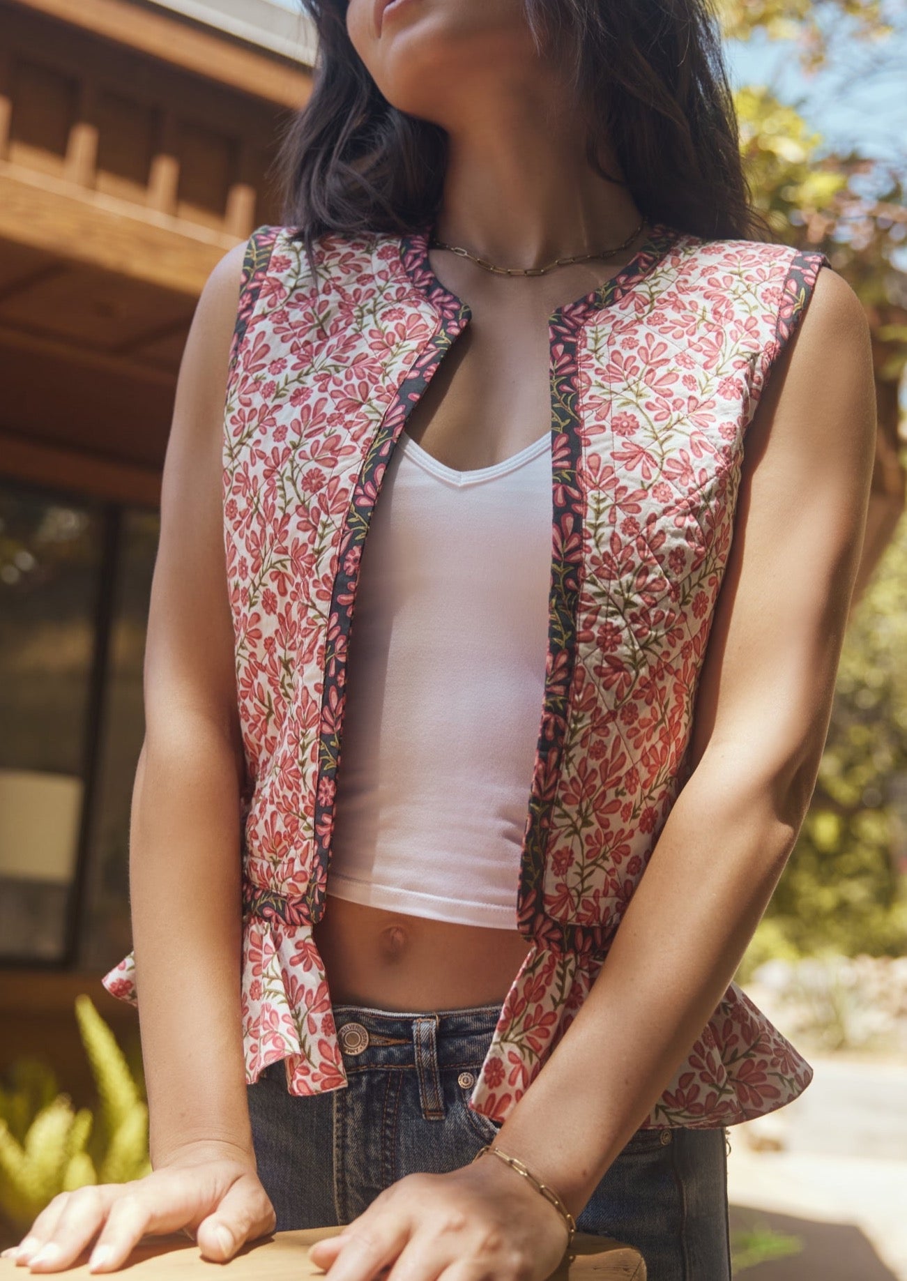 Anne Quilted Reversible Ruffled Vest in Ivory and Light Ruby Floral