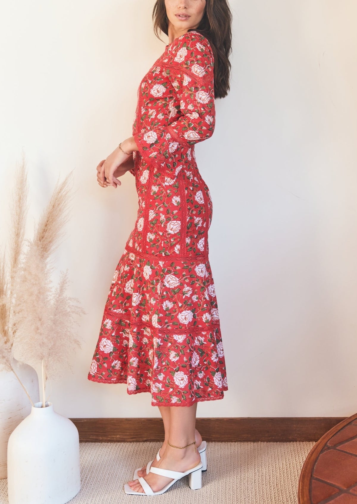 Tina Fluted Pencil Dress in Scarlet Ivory Rose Floral