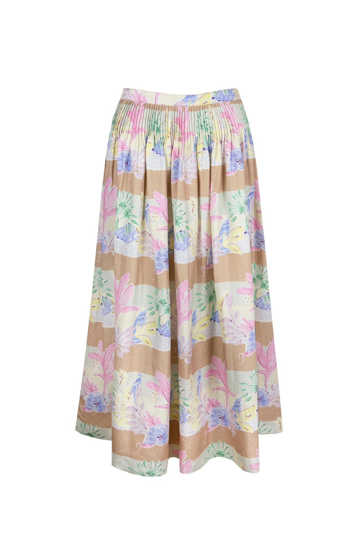 Fallon is a pleated midi skirt with a banded waist, on-seam hip pockets and a hidden side zipper.