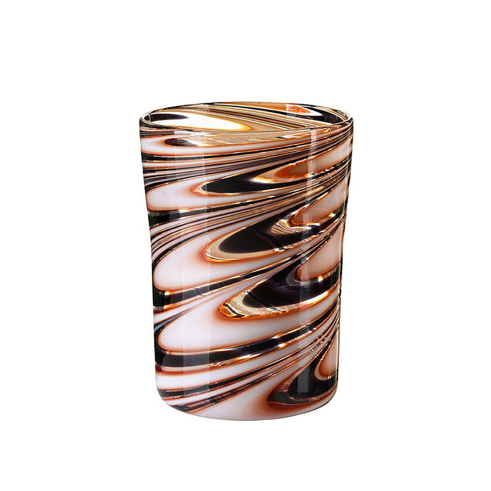 Front view of Fenicio Glass in Dark Orange showcasing its swirling glass pattern with white background