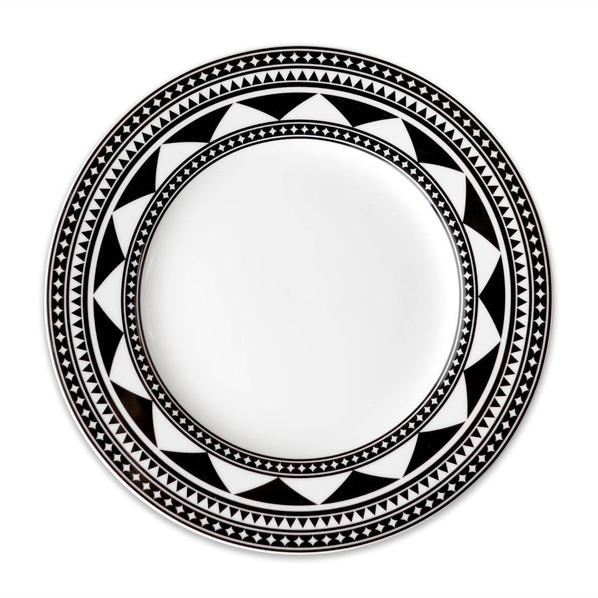 Top view of Fez Rimmed Dinner Plate in Black showcasing a black geometric rim on white porcelain with a white background