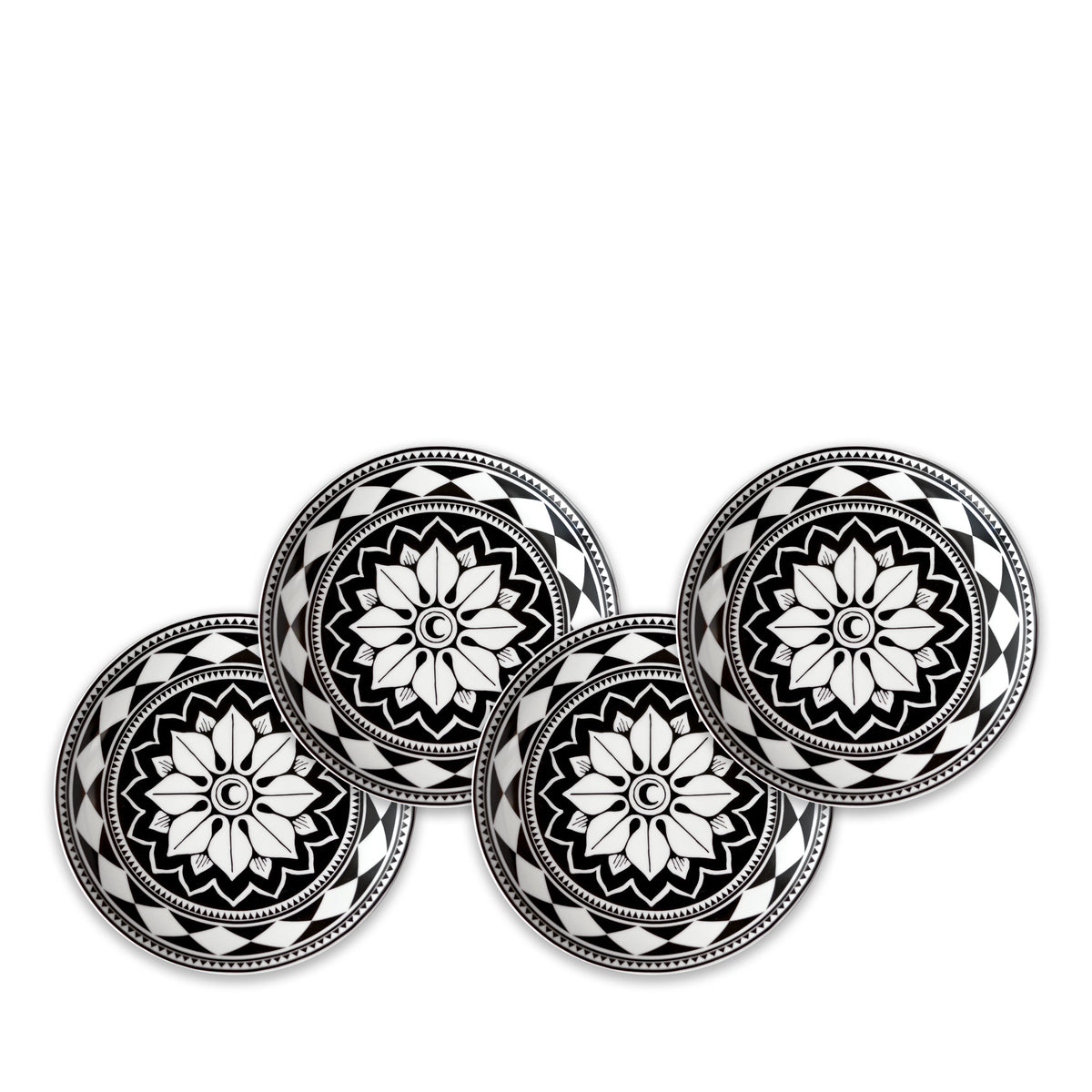 Front view of Fez Canapes Plates boxed set of 4 showcasing black and white geometric floral patterns on a white background