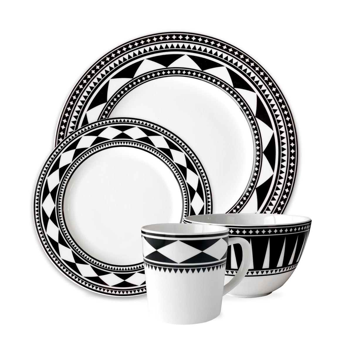 Front view of Fez Place Setting, Set of 4 showcasing black and white geometric patterns with a white background