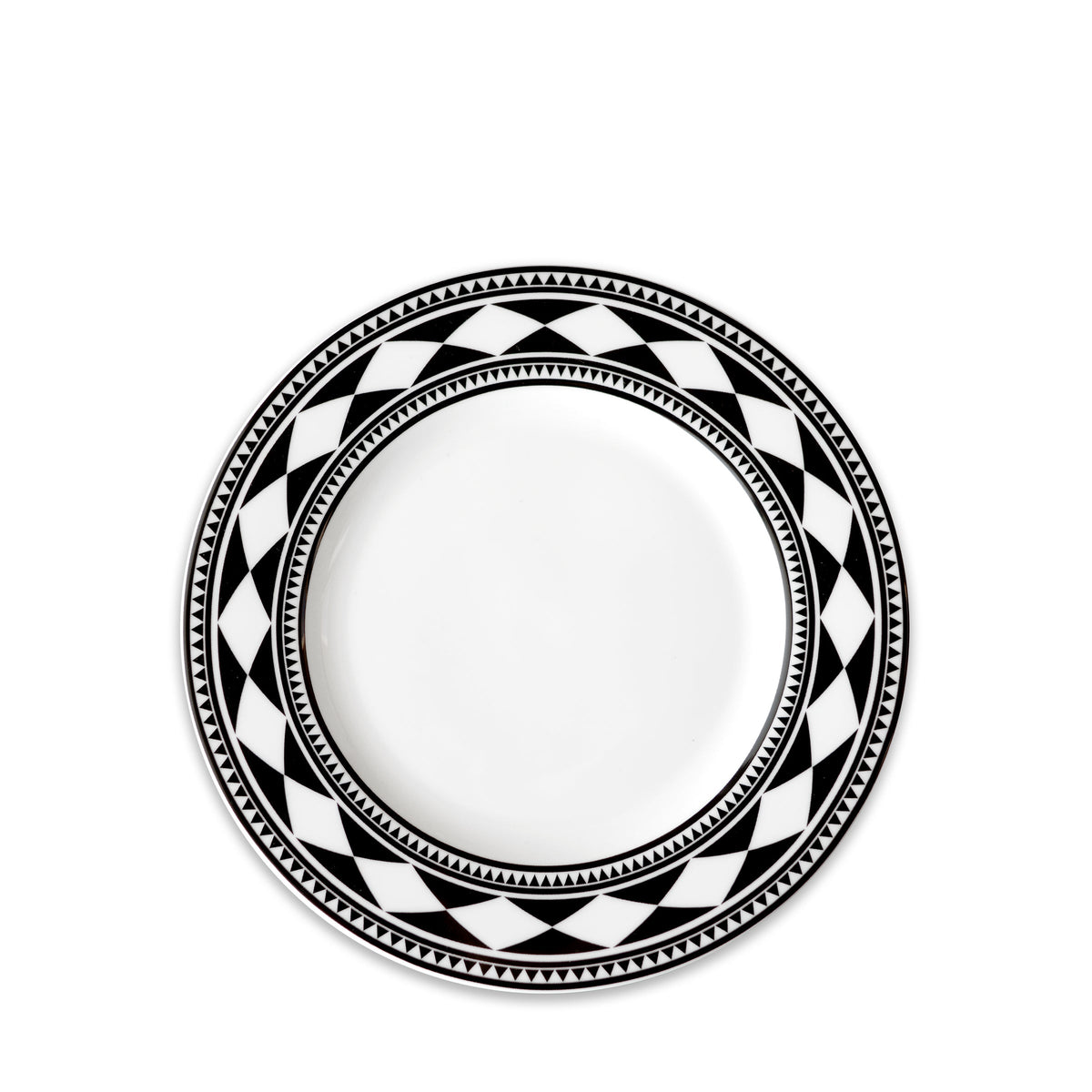 Front view of Fez Salad Plate showcasing a black and white geometric Art Deco pattern with a white background