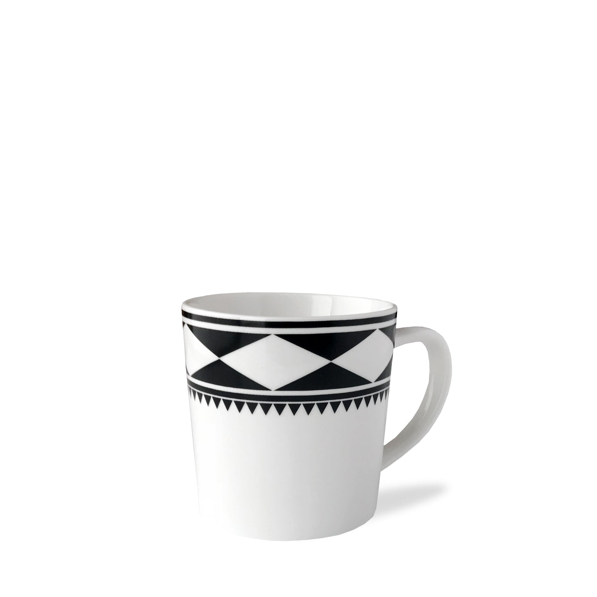 Front three-quarter view of Fez Mug in Black showcasing a black and white geometric pattern with a white background