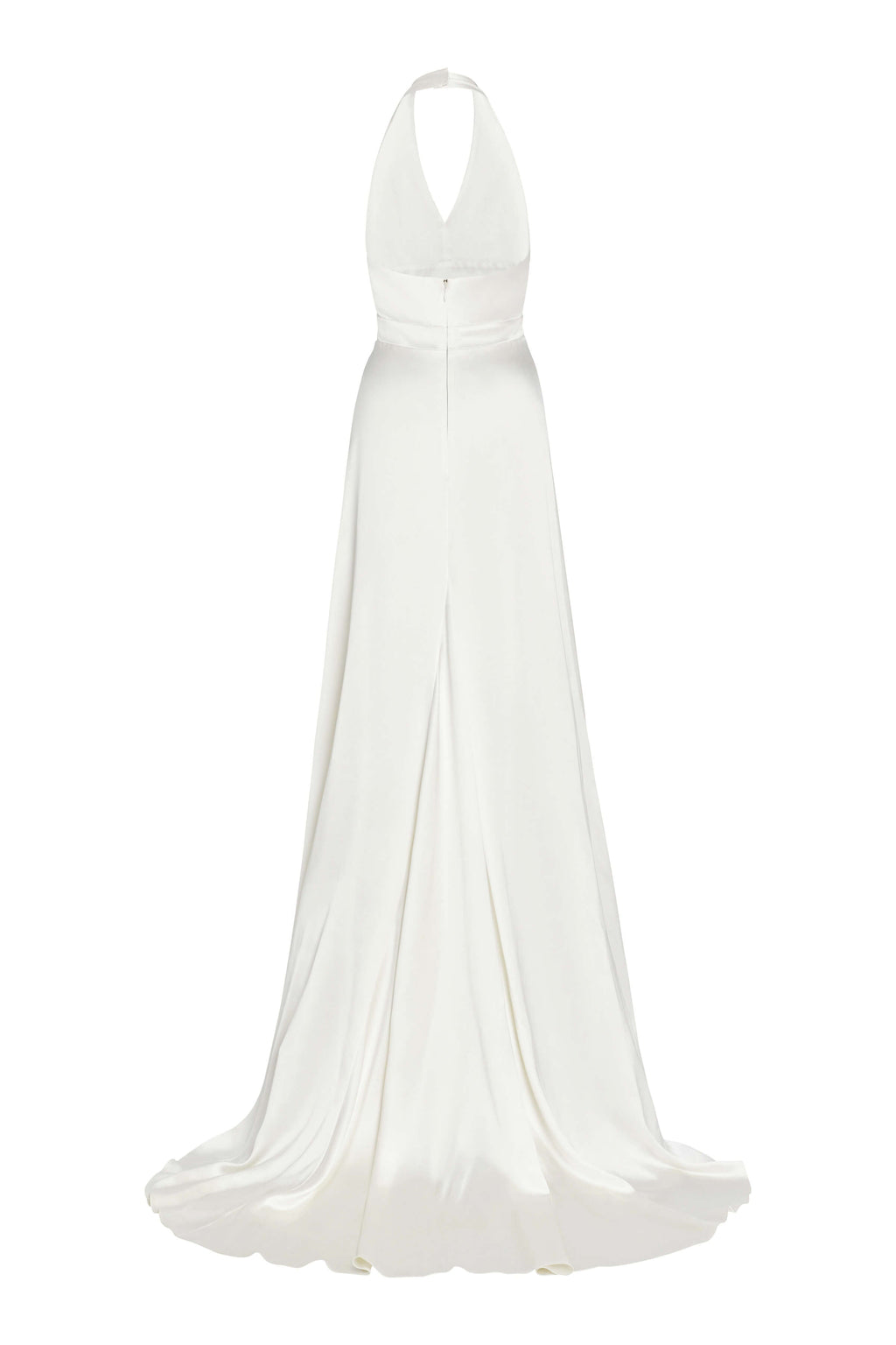 Francoise White Silk V-Neck Halter Gown With Train
