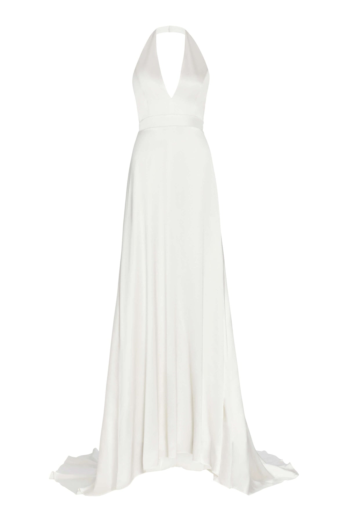 Front view of Francoise White Silk V-Neck Halter Gown showcasing pooling train on white background