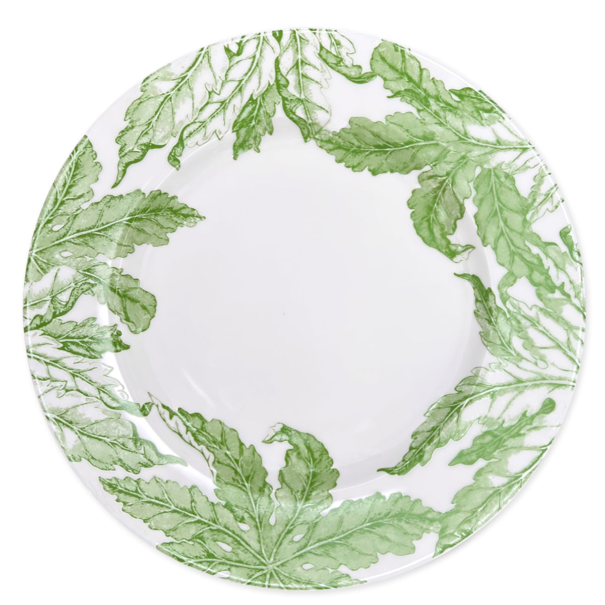 Front view of Freya Rimmed Charger showcasing green leaf floral border on creamy white porcelain with white background