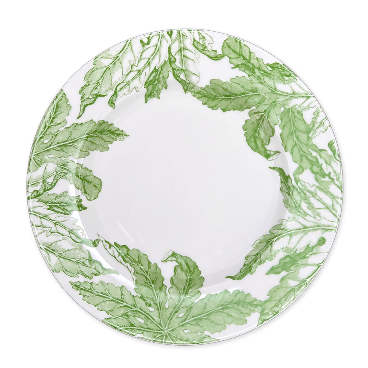Overhead view of Freya Rimmed Dinner Plate showcasing green floral rim on creamy white porcelain with white background