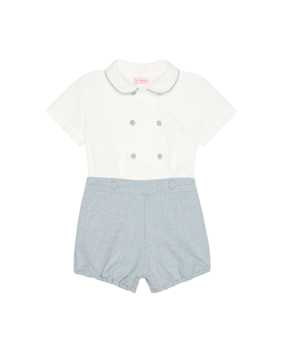 Front view of Friso baby boy set with white Peter Pan collar top and blue herringbone shorts on white background