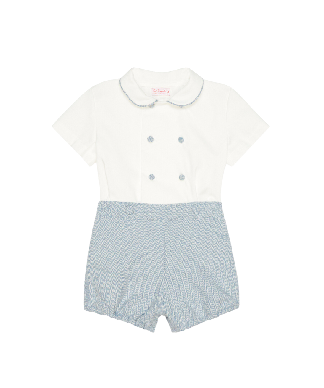 Front view of Friso baby boy set with white Peter Pan collar top and blue herringbone shorts on white background
