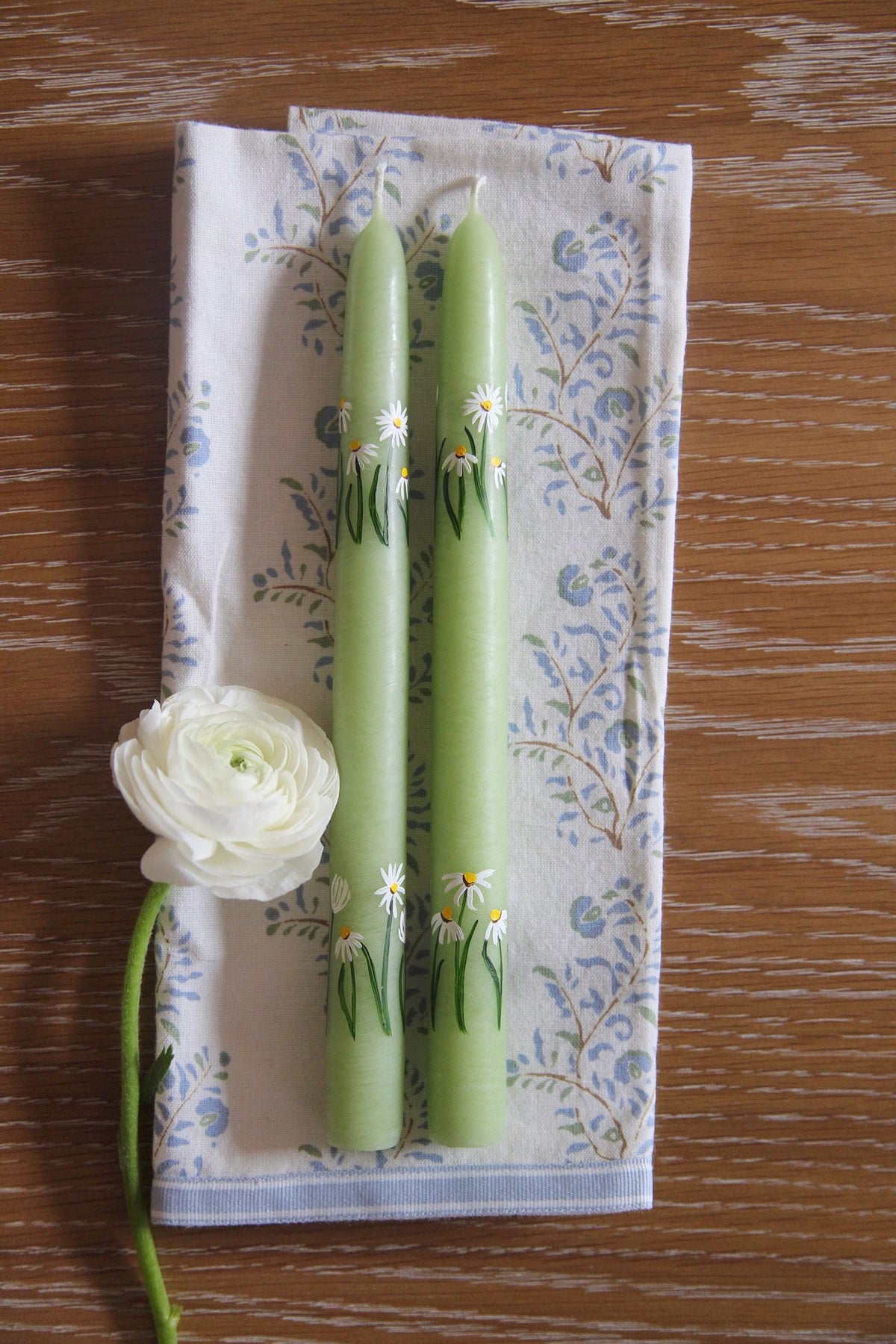 Lime Green Daisy Hand-Painted Taper Candles, Set of Two