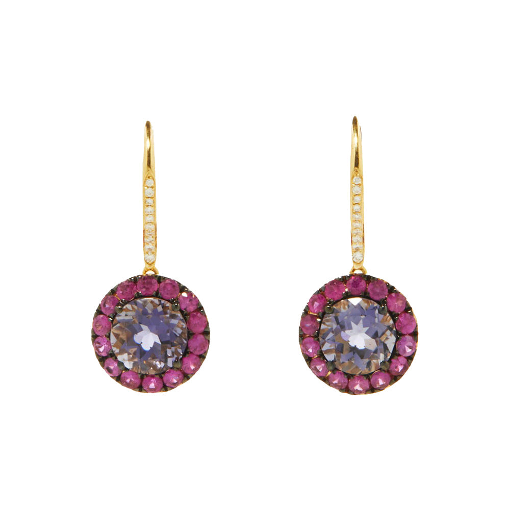 Front view of Gem Two Tone drop earrings with iolite centers, pink sapphire halo, and gold diamond-paved hooks