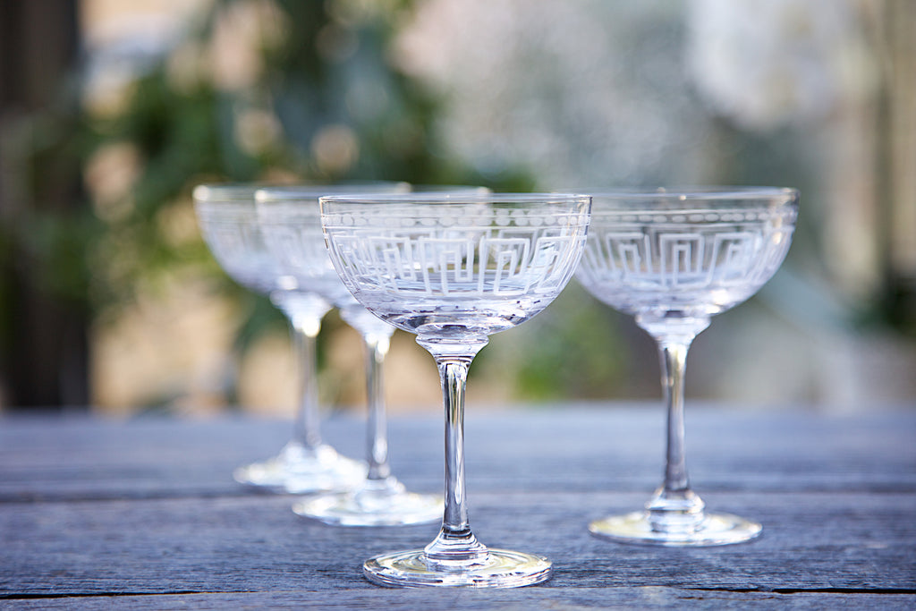 Crystal Champagne Saucers with Greek Key Design Set of Six