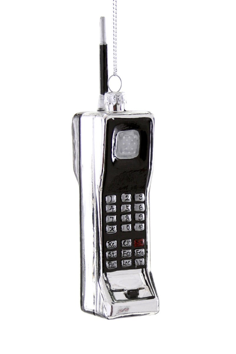 Front view of Brick Phone ornament showing metallic silver and black finish, raised keypad, antenna, and hanging loop on white background