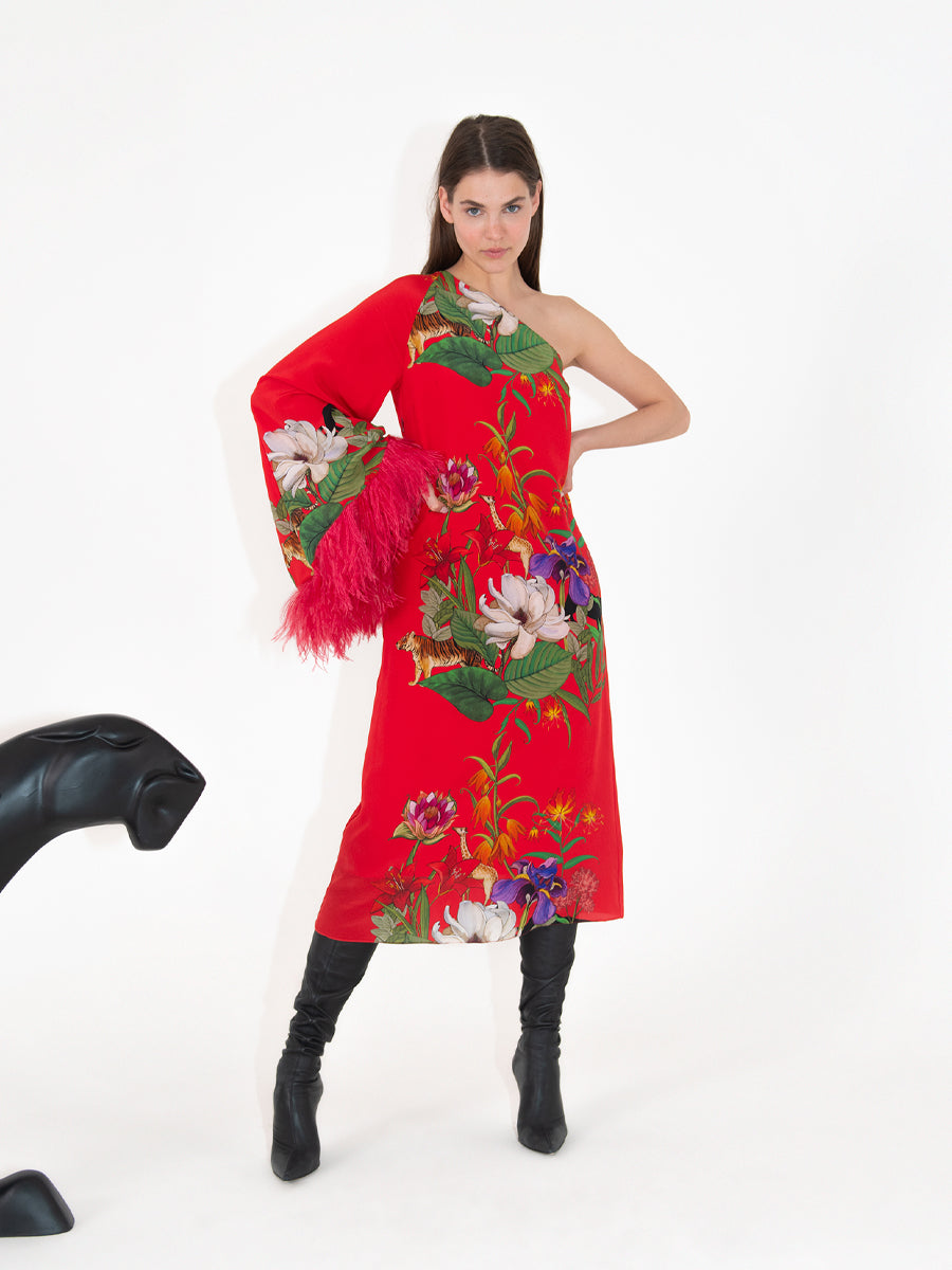 Aubrey Crepe Midi Dress in Safari Red