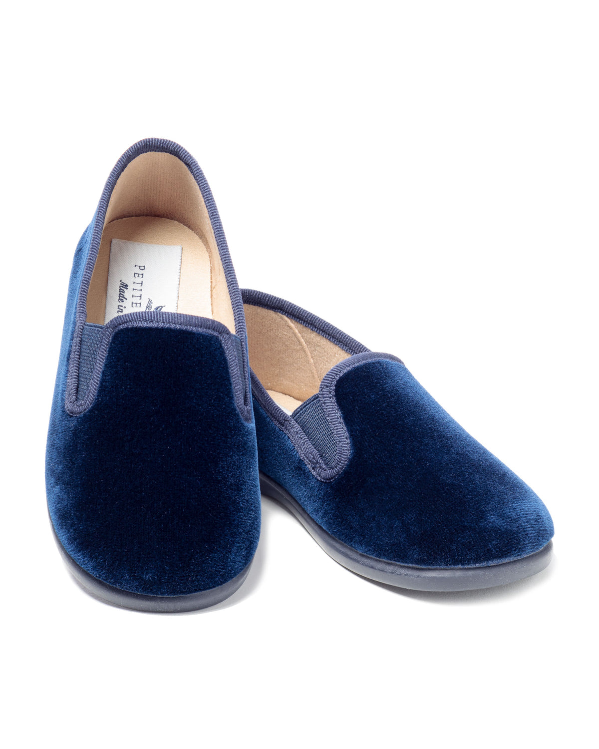 Front view of The Gable, Navy Velvet Slipper showcasing navy velvet uppers on a white background