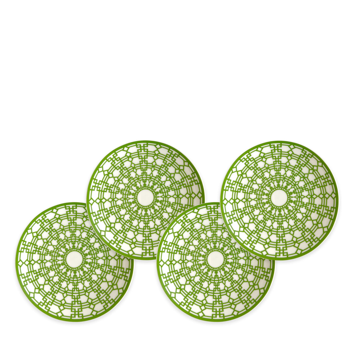 Front view of four Newport Green canapé plates showcasing a green geometric pattern on a white background