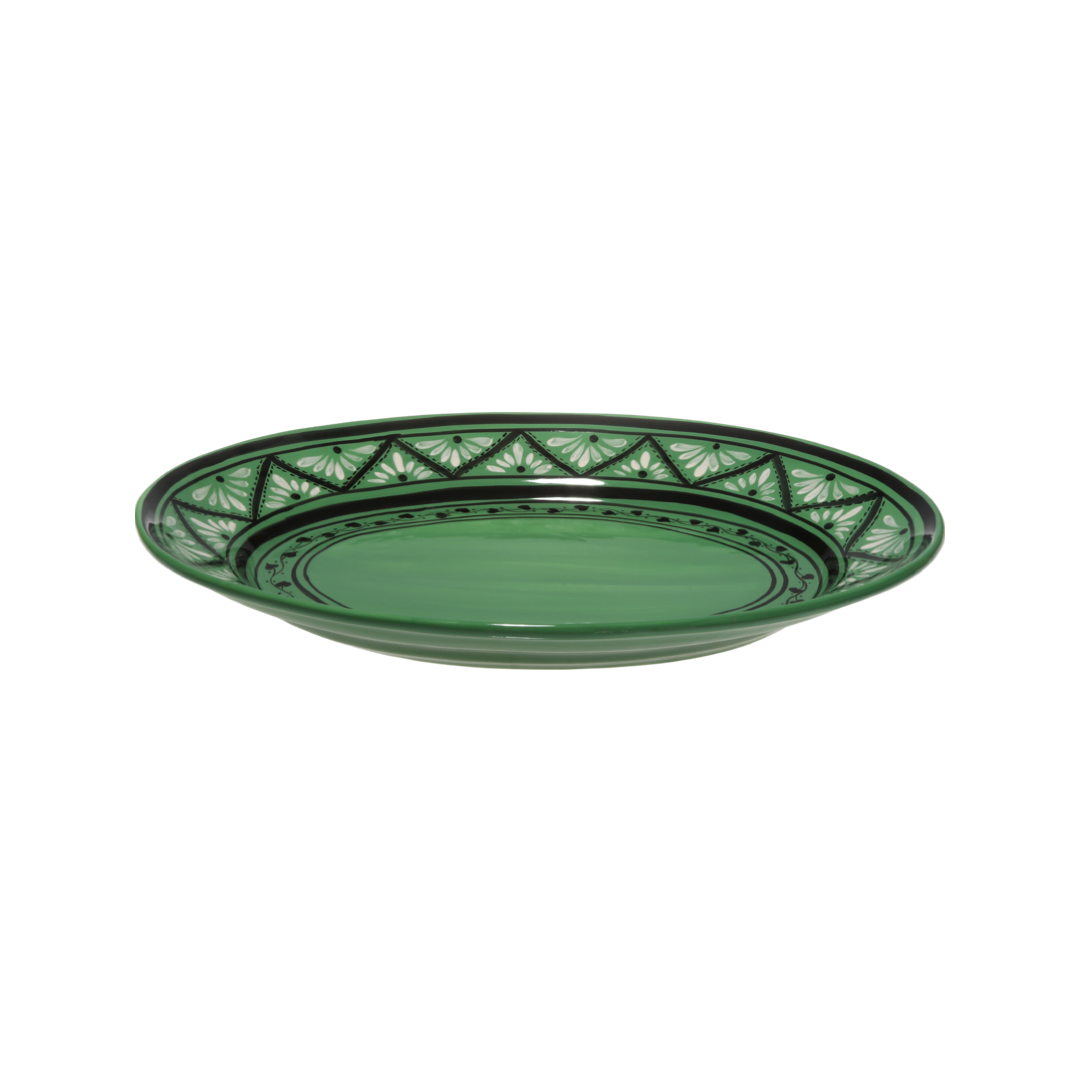 Front view of Gigi Green Oval Platter showcasing hand-painted geometric and wave border patterns with a white background
