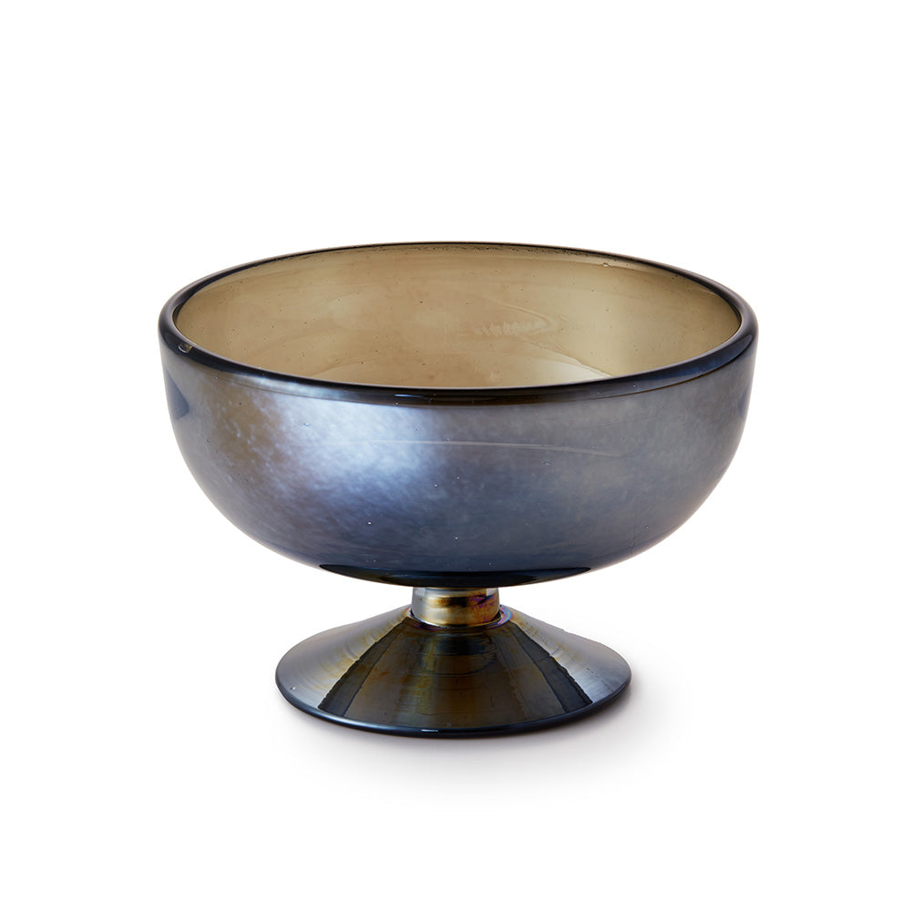 Front view of Iridescent Smoke Glass Footed Bowl showcasing iridescent smoke glass and pedestal base on white background
