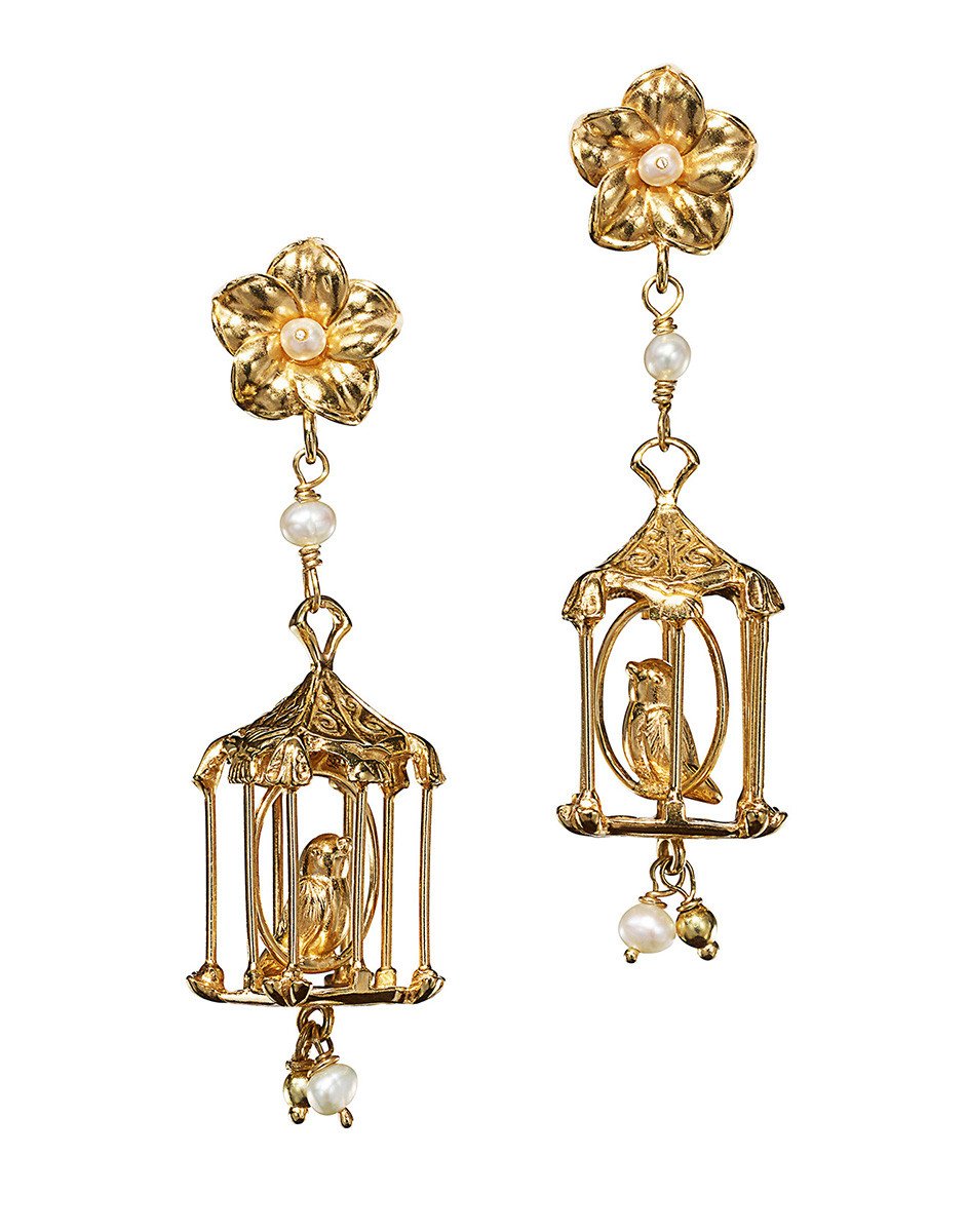Front view of Pagoda Earring in Gold showcasing birdcage pendants adorned with pearls on a white background