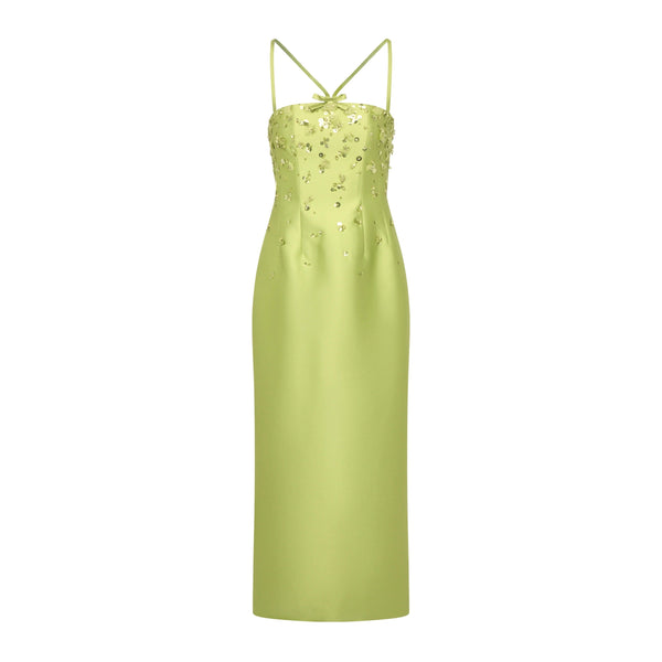 Sofia Dress in Lime Silk Wool with Sporadic Sequins | Over The Moon