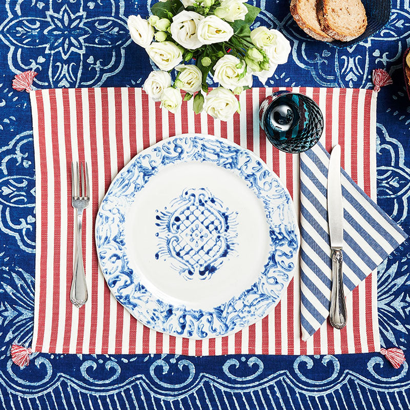 Top view of Vera Stripe Napkins in Blue Set of 2 showcasing blue and white stripes with a styled table setting