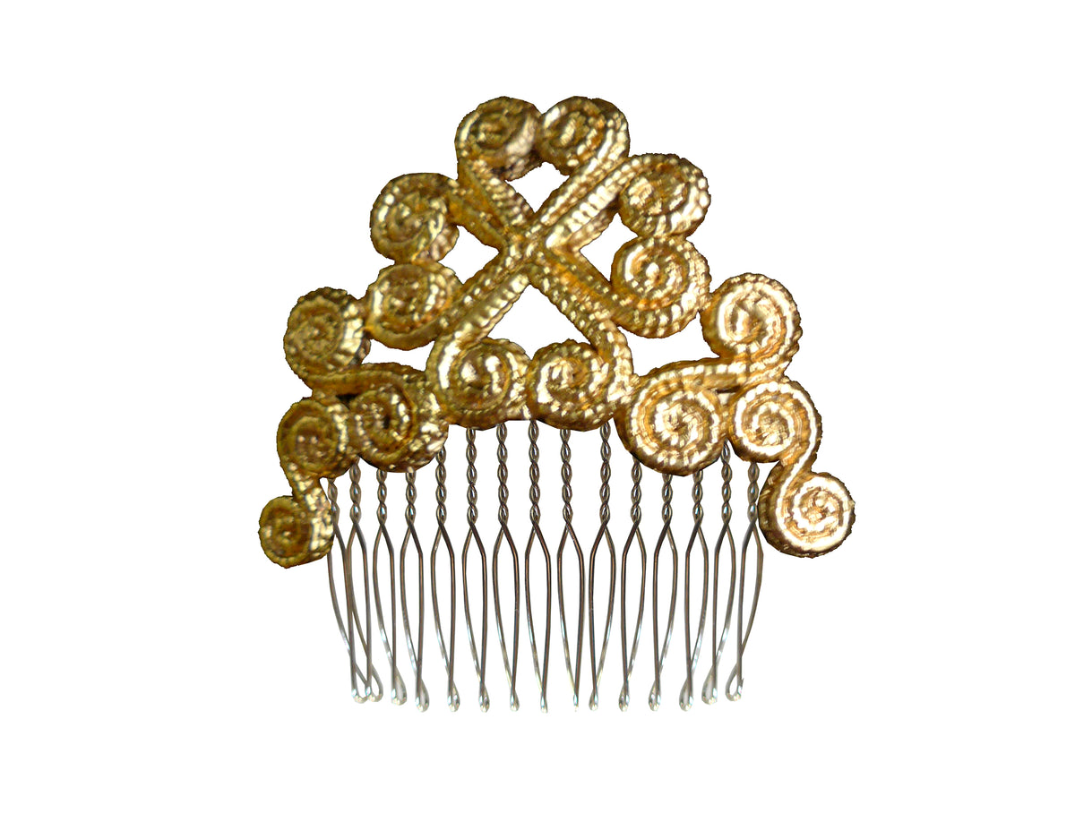 Front view of Leaves and Spiral Arabesque Comb showcasing woven palm-leaf spiral ornament on a white background