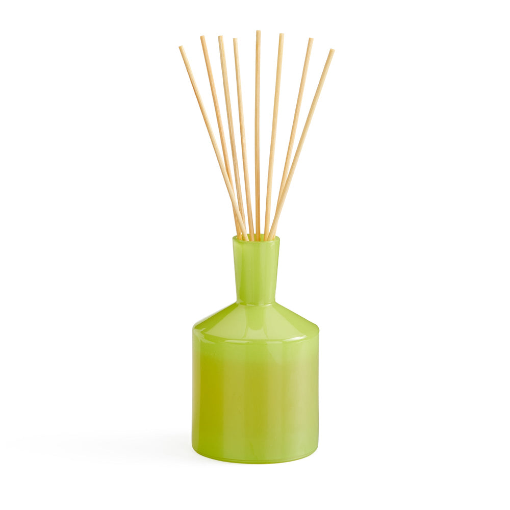 Front view of Rosemary Eucalyptus Reed Diffuser showcasing lime green vessel and natural reeds against a white background
