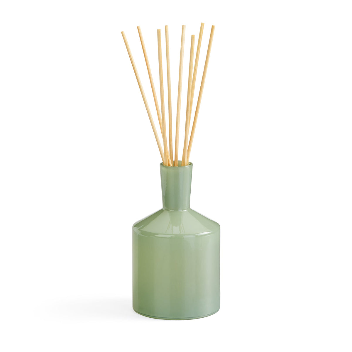 Front view of Fresh Cut Gardenia Reed Diffuser showcasing pale green hand-blown glass and natural reeds on a white background