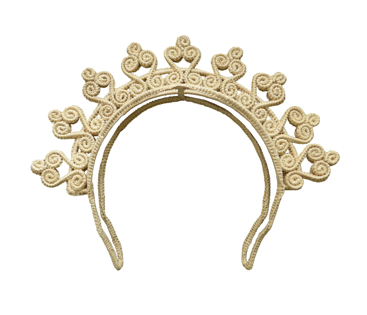 Front view of the Arabesque Spiral Headpiece showcasing its double spiral Iraca palm leaf design on a white background