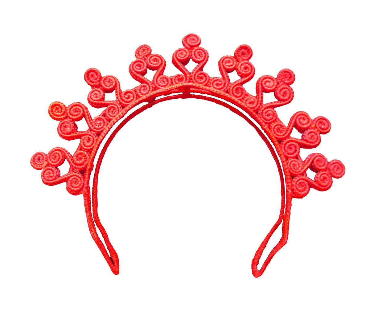 Front view of Arabesque Spiral Headpiece showcasing red Iraca palm leaf spiral details on a white background