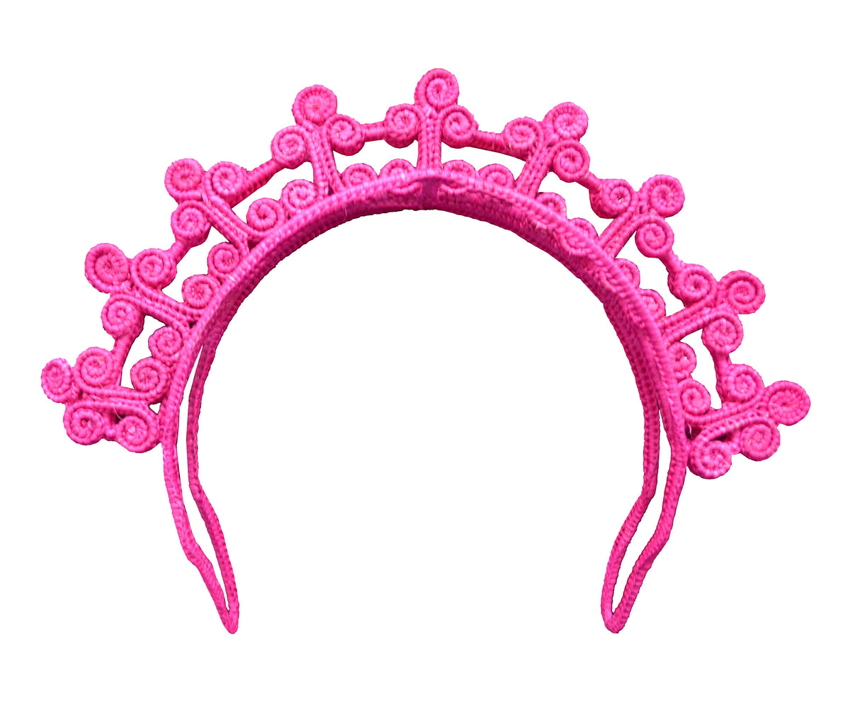 Front view of Arabesque Double Spiral Headpiece showcasing fuchsia spiral details on a white background